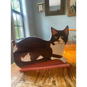 Hand-Painted Folk Art Wooden Cat Figurine 12" Black & White With Red Base